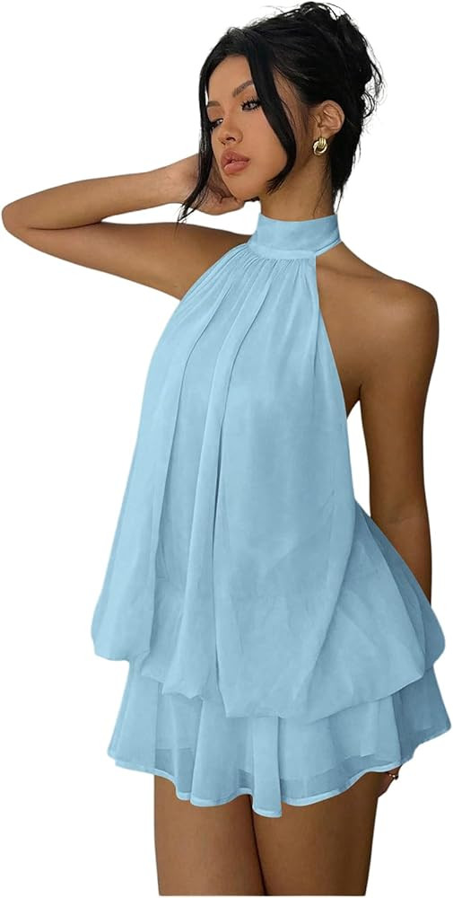 Verdusa Women's Chiffon Halter Drop Waist Wedding Guest Dresses Ruffle Summer Loose Fit Mini Dres... | Amazon (US)