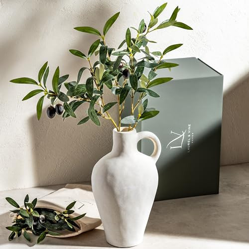 Luxurious Matte Textured 10 Inch Tall White Vase Set, Including 22 Inch Olive Branches for Vases, Medium Artificial Topiaries Fake Plants, Minimalist Shelf Decor, Neutral Home Office Desk Room Decor | Amazon (US)