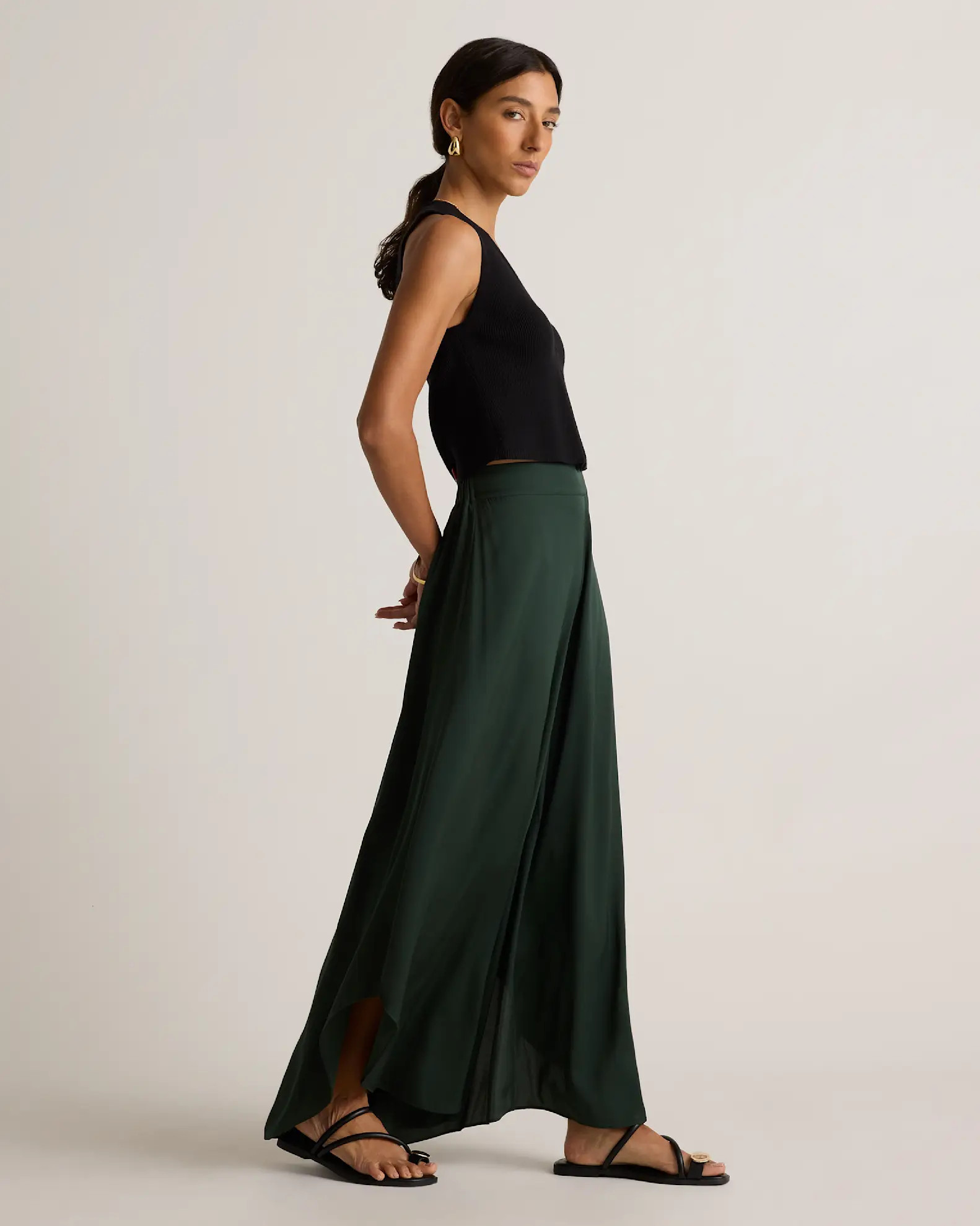 Washable Stretch Silk Palazzo Pants in Forest Green | Quince
