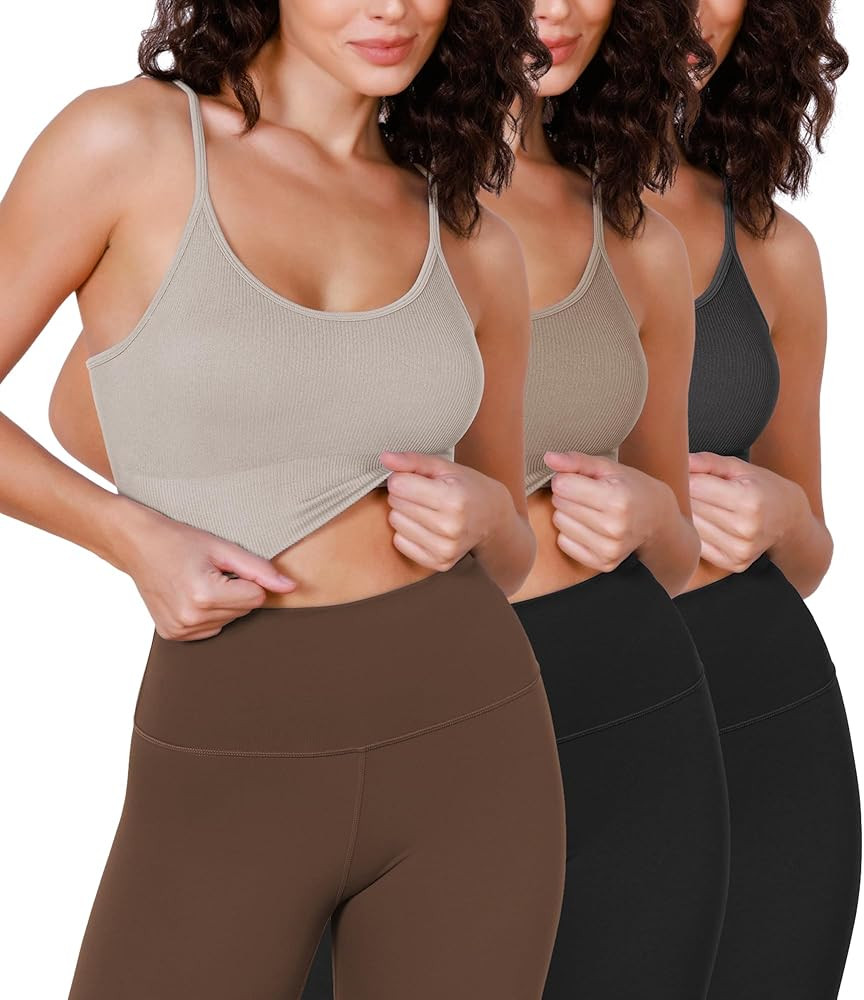 ODODOS Seamless Sports Bra for Women Ribbed Camisoles Non Padding Yoga Bra Crop Tank Tops | Amazon (US)