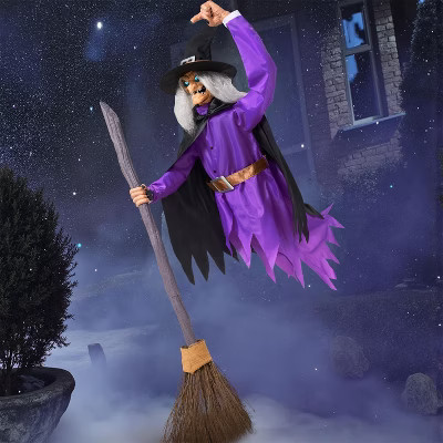 Joyfy 96'' Halloween Outdoor Decorations, Animated Flying Witch on Broom with Light Eyes and Scary Voice for Outside Yard Lawn Haunted House Decor | Target