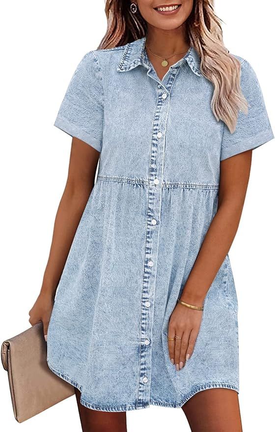 GRAPENT Denim Dress for Women Babydoll Tiered Short Sleeve Button Down Jean Shirt Dresses | Amazon (US)