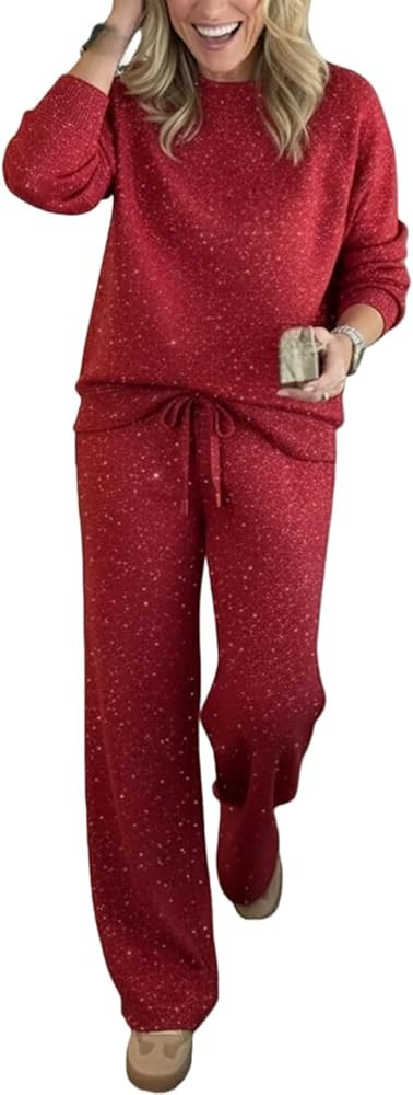 Womens Cozy Travel Crew Neck Shiny 2 Piece Lounge Set, Sweatshirt And Pant | Amazon (US)