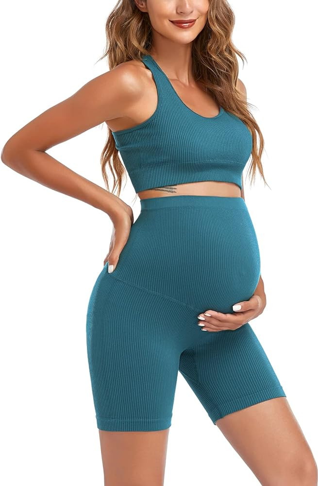 Women's Maternity 2 Piece Outfit Set - Bra & Shorts for Pregnancy - Yoga workout Lounge Wear Sets | Amazon (US)