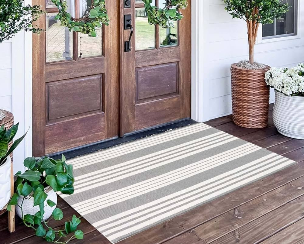 Grey and White Striped Rug 24'' x 51''Outdoor Front Porch Rug Hand-Woven Machine Washable Indoor/... | Amazon (US)