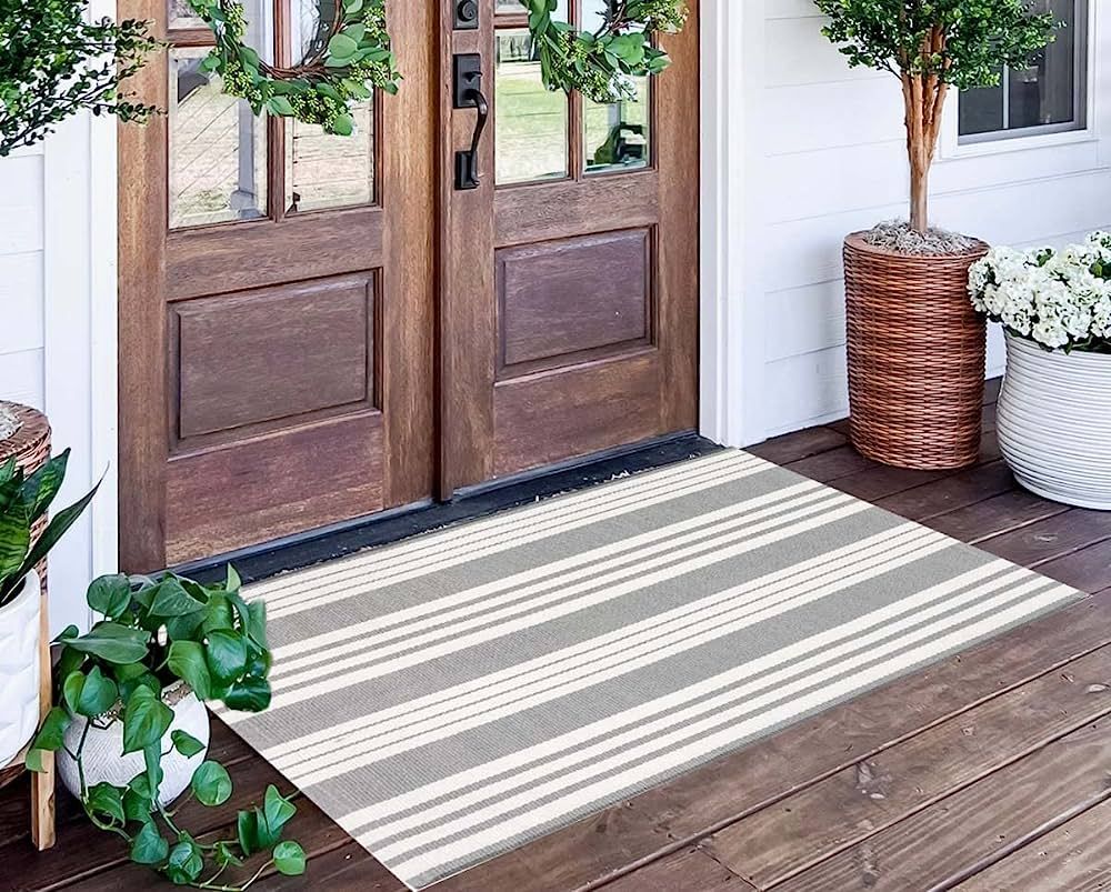 Grey and White Striped Rug 24'' x 51''Outdoor Front Porch Rug Hand-Woven Machine Washable Indoor/... | Amazon (US)