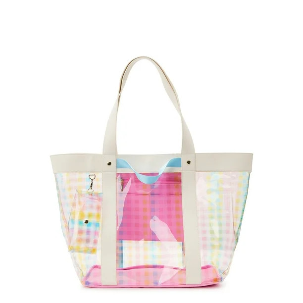 No Boundaries Women's Vinyl Beach Tote with Removable Glasses Case, Check | Walmart (US)