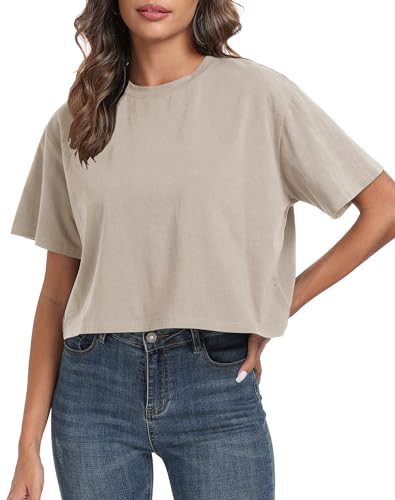 PRIMODA Women's Oversized Workout Cropped T Shirts Crew Neck Short Sleeve Casual Loose Summer Crop Tee Tops Cotton(Beige S) | Amazon (US)