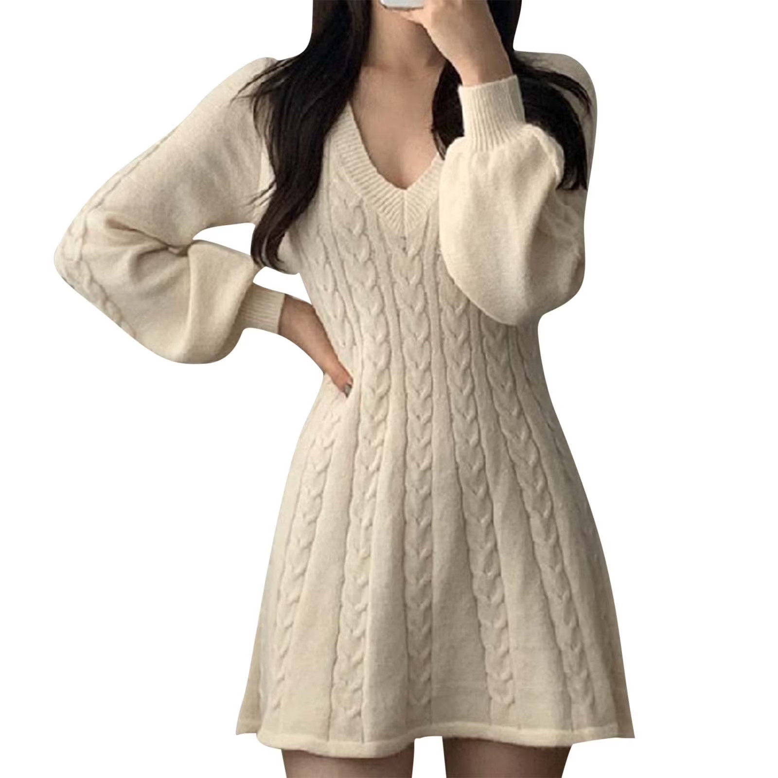 Annhoo Sweater Dresses for Women Fall V Neck Long Sleeve Cable Knit Short Dress Comfy Casual Mini... | Walmart (US)