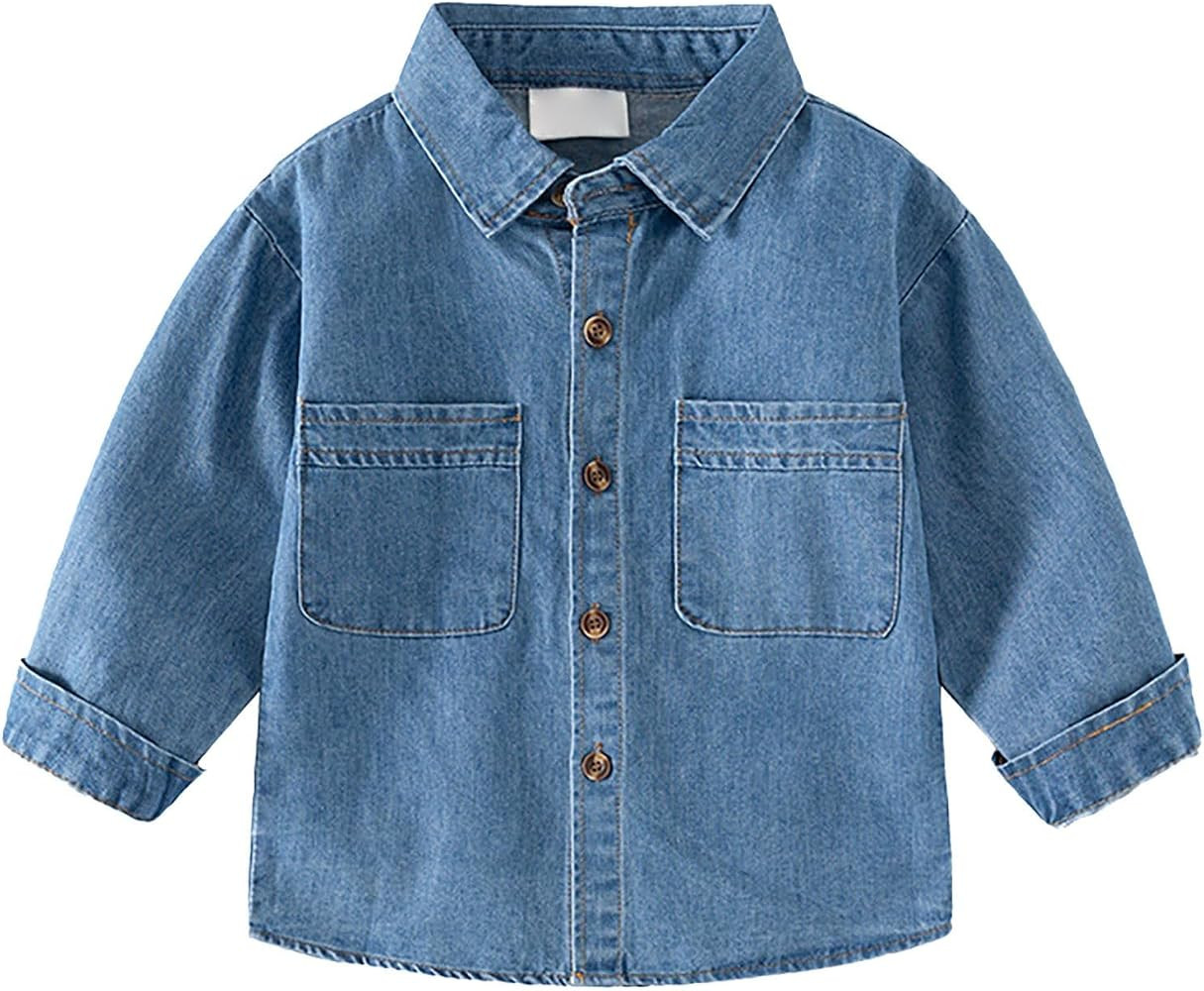 Toddler Baby Boys Cute Long Sleeve Button Down Denim Jean Shirt Slouchy Denim Dress Shirt Tops Bl... | Amazon (US)