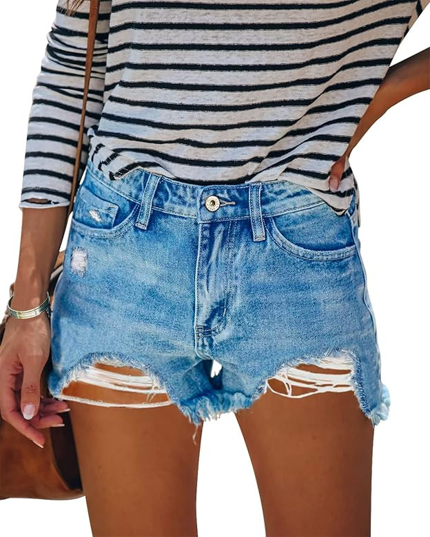 HOCAIES Women's Juniors High Waisted Jean Shorts Frayed Raw Hem Ripped Denim Shorts for Women | Amazon (US)