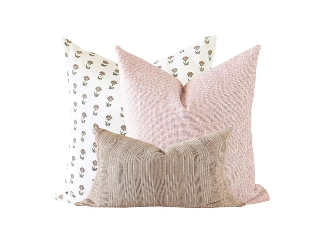 Floral Block Print Pillow Cover Set: Blush Linen, Modern Farmhouse | Etsy (US)