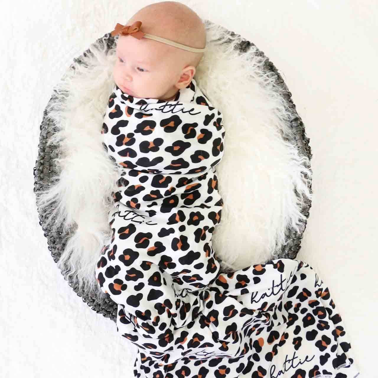 Leopard Personalized Baby Name Swaddle Blanket | Caden Lane