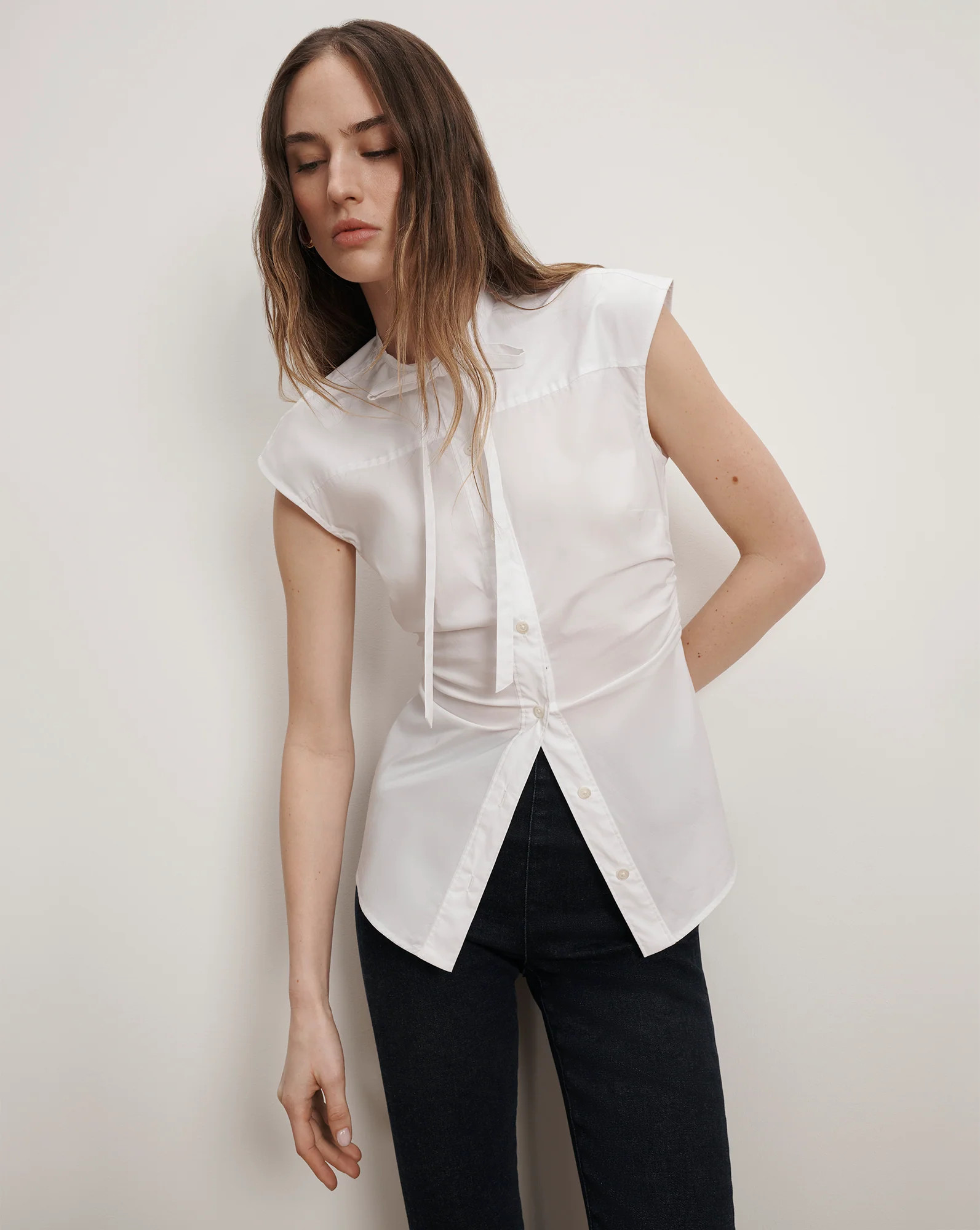 Veronica Beard Joon Tie-Neck Button-Down Blouse White | Veronica Beard
