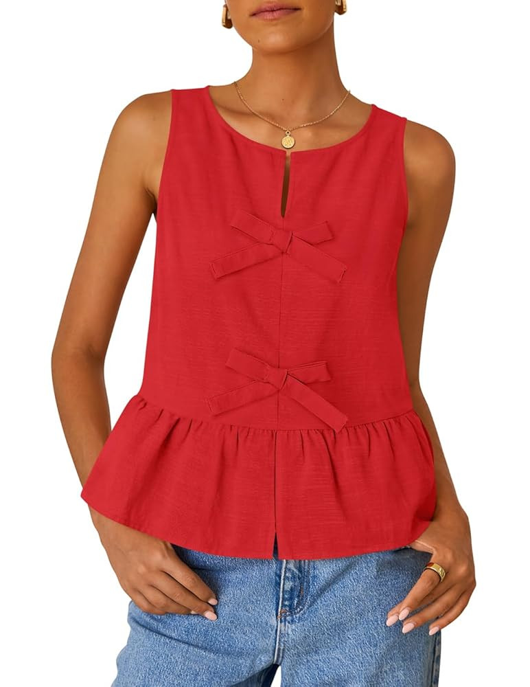 ZESICA Women's Summer Sleeveless Tank Tops Crewneck Tie Front Loose Flowy Ruffle Peplum Babydoll ... | Amazon (US)