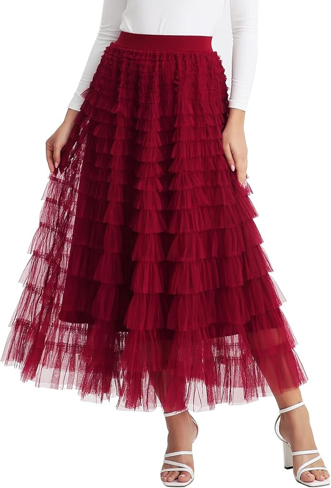 Mliyasan Women’s 18 Layered Ruffles Tulle Skirt Pleated High Waist Fluffy Maxi Skirt Fairy Cake Dres | Amazon (US)