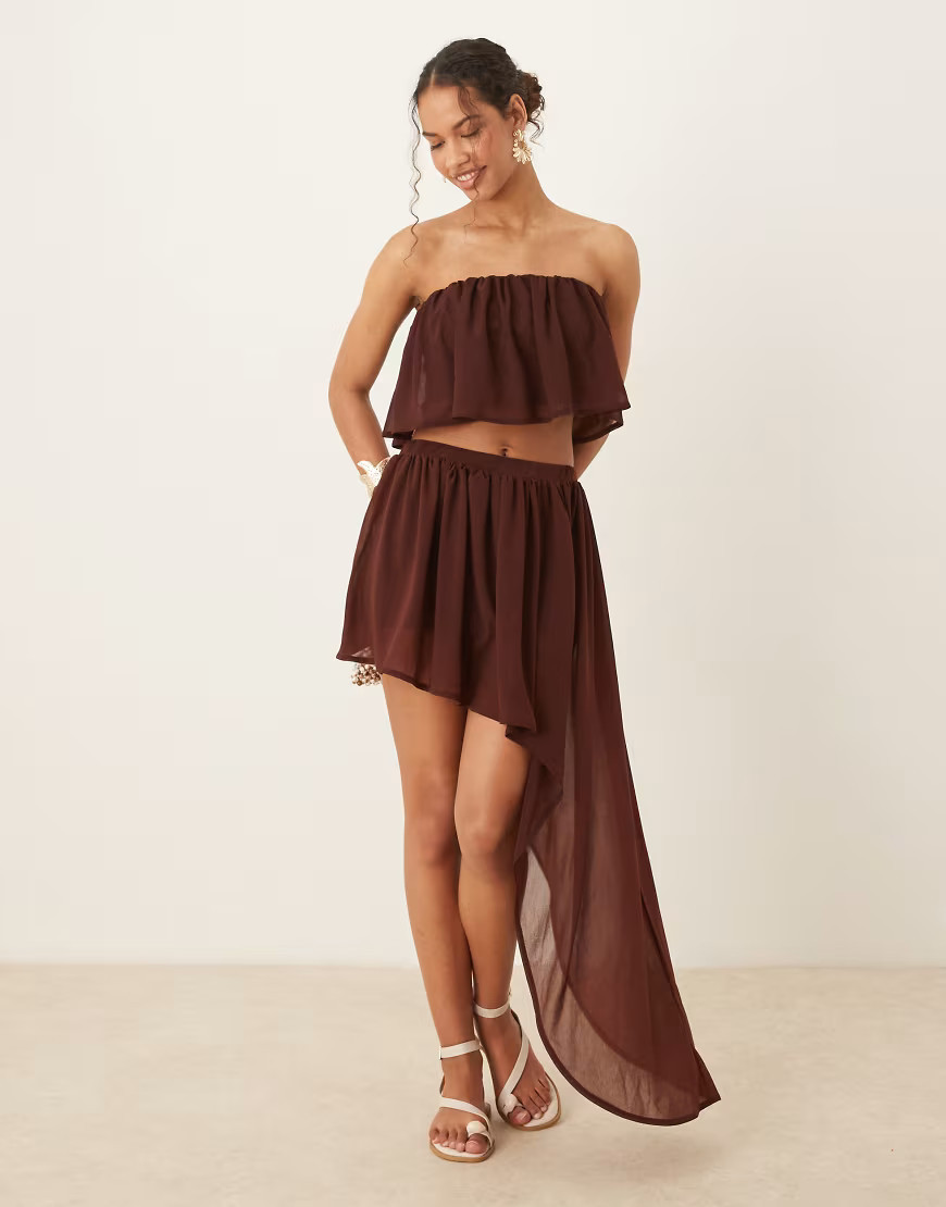 ASOS DESIGN ruffle semi sheer mini skirt with asymmetric hem in chocolate - part of a set-Brown | ASOS (Global)