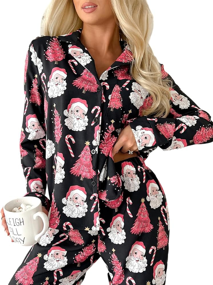 Ecosunny Christmas Santa Pajama Set Women's Long Sleeve Sleepwear Soft Loungewear Two Piece Butto... | Amazon (US)