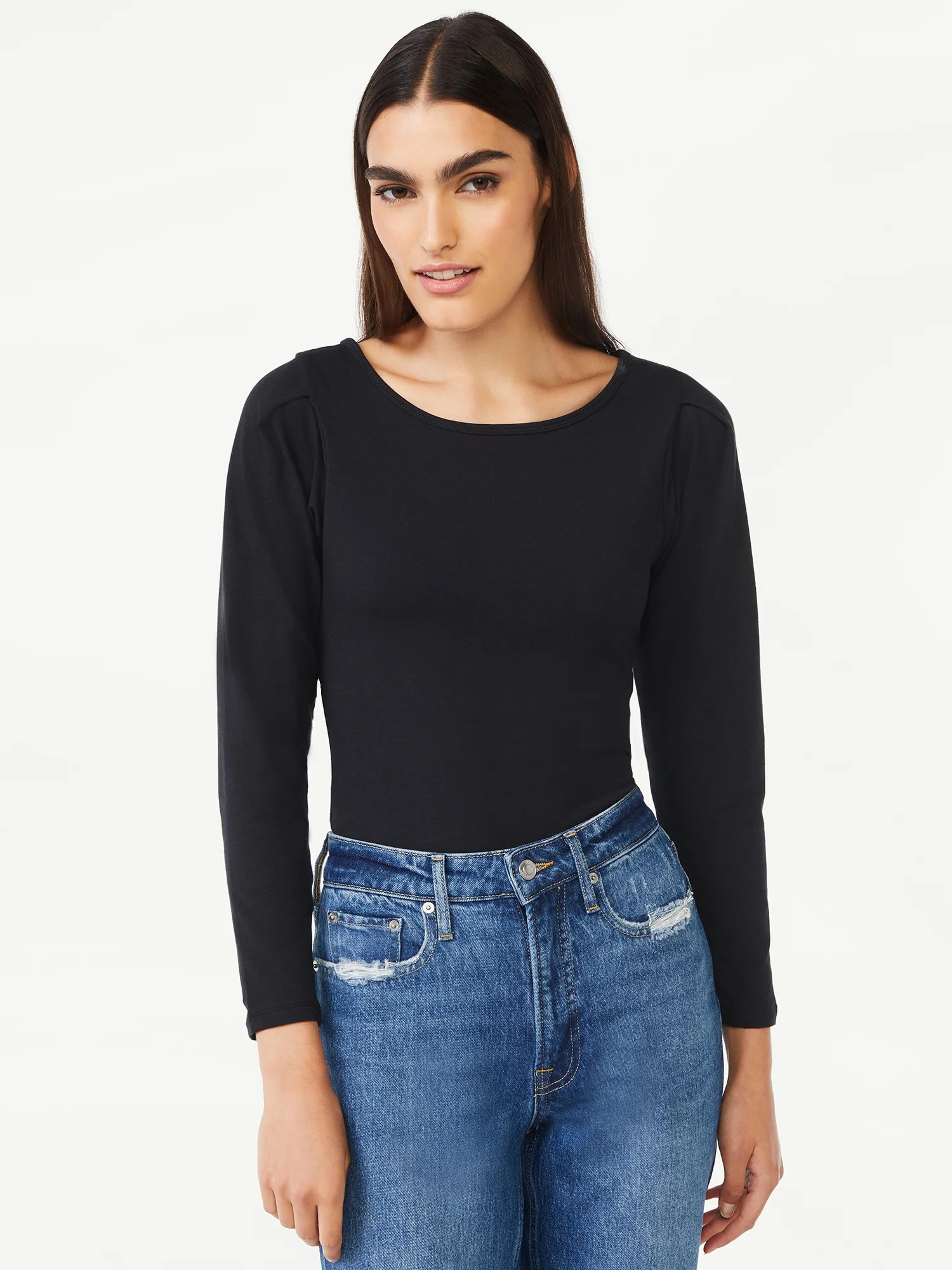 Free Assembly Women's Pleat Shoulder Bodysuit with Long Sleeves - Walmart.com | Walmart (US)