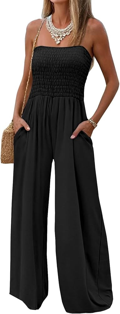 Amazon.com: AUXDIO Jumpsuits for Women Summer Casual Dressy Strapless Loose Elastic Waist Long Pa... | Amazon (US)