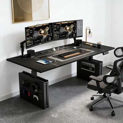 Gaming Style Black Pegboard Electric Height Adjustable Computer Desk | Smart Standing Workstation | Wayfair North America