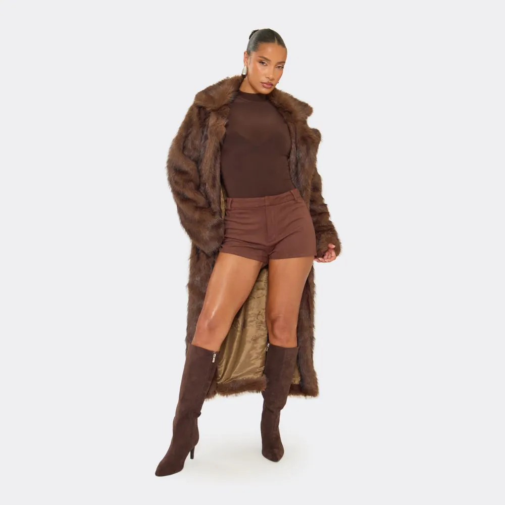 Mid Waist Tailored Hot Pants In Chocolate Brown Faux Suede | EGO (UK)