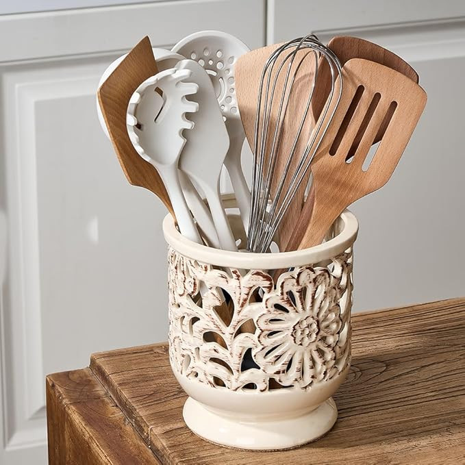 JH JIEMEI HOME Farmhouse Kitchen Utensil Holder for Countertop, Ceramic Large Cooking Utensil Cro... | Amazon (US)