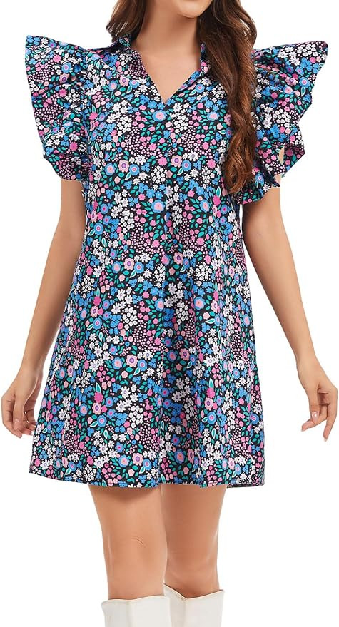 hibshaby Women's Floral Babydoll Mini Dress V-Neck Ruffle Sleeve Cute Dress Sundress | Amazon (US)
