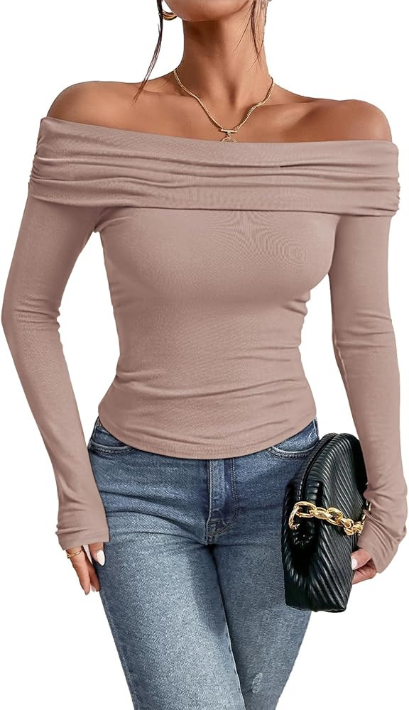 Prettywear Women's Sexy Off Shoulder Tops Business Casual Slim Fit Long Sleeves Spring Fall Blous... | Amazon (US)