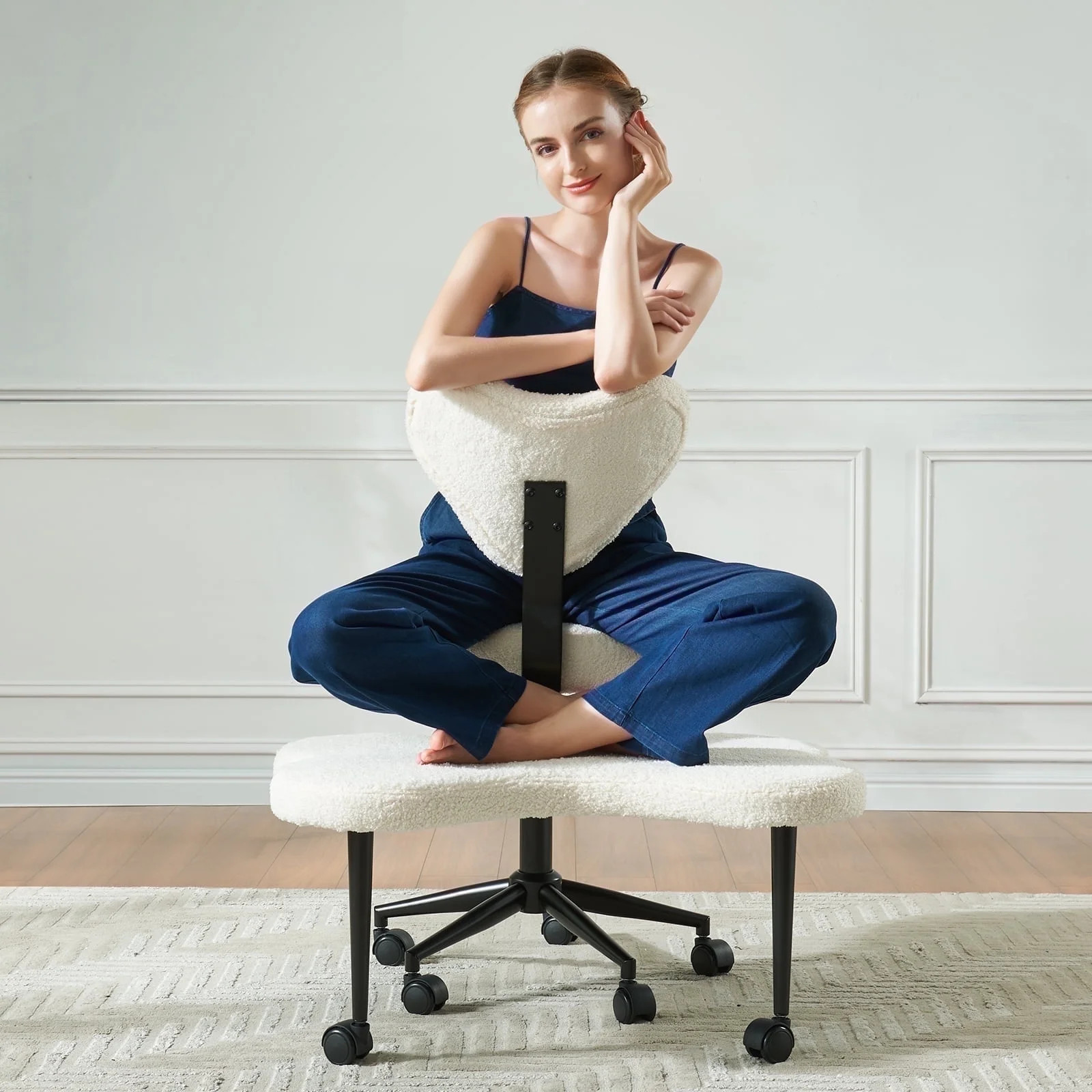 Pinmoco Ergonomic Cross Legged Swivel Chair, Adjustable Height and Teddy Fabric, Meditation& ADHD Chair with Back Support, Home and Office, Off White | Walmart (US)