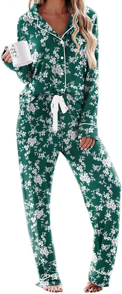 Ekouaer Women's Pajamas Long Sleeve Sleepwear Casual Button Down Loungewear Soft Pjs Set S-XXL | Amazon (US)
