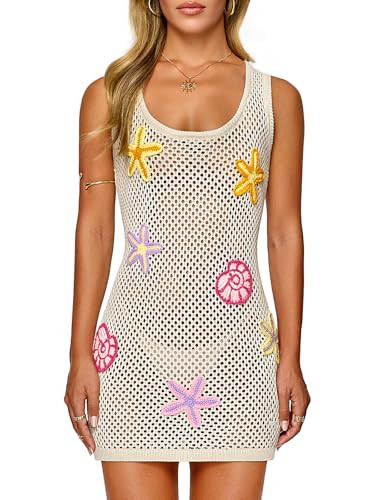 FAIRY SEASON Women's Crochet Beach Cover Up with Hand-Embellished 3D Starfish & Seashells, Sleeveless Mini Dress for Pool & Vacation Apricot | Amazon (US)