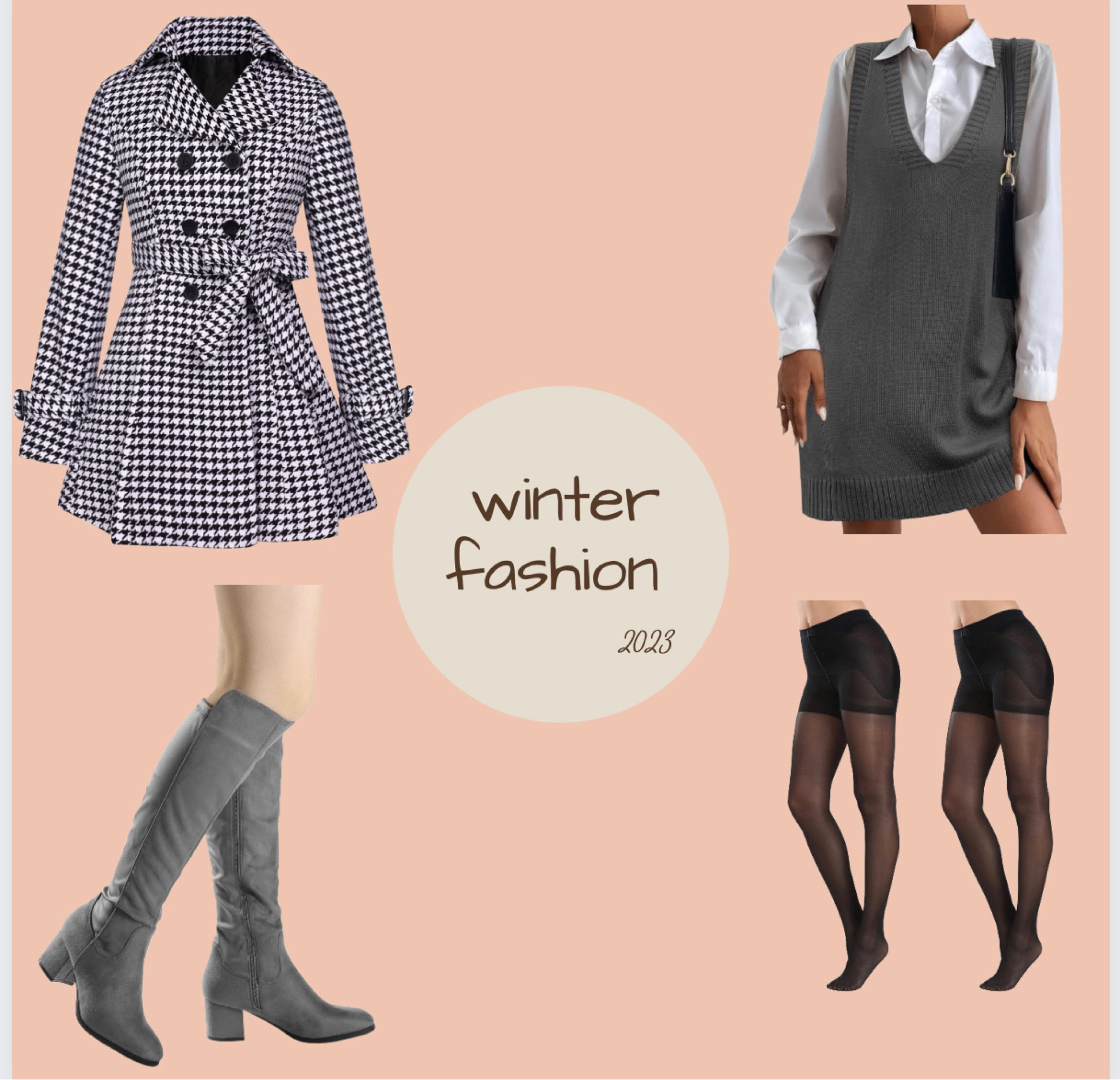 Cyber Monday sale business casual winter fashion with houndstooth jacket, knit overall dress and knee high boots with sheer black tights. 

#LTKCyberWeek #LTKSeasonal #LTKmidsize