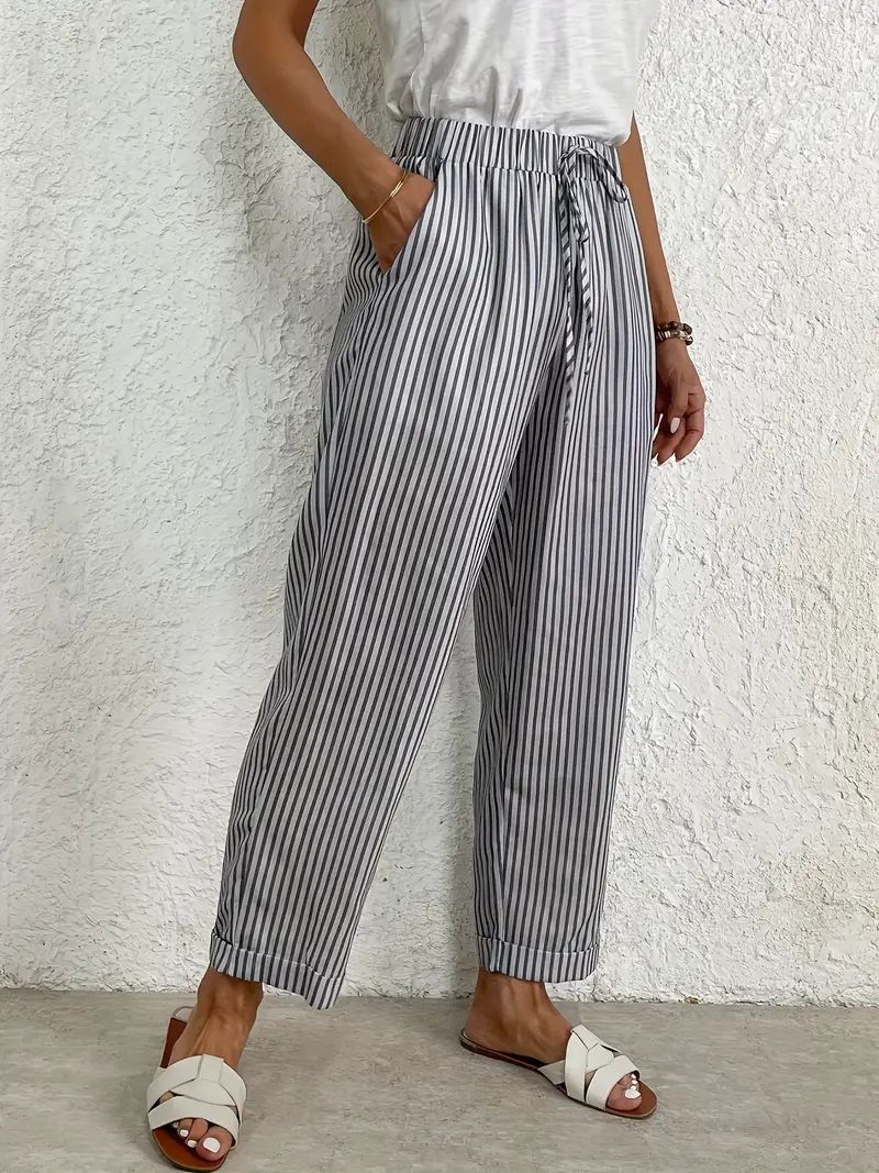 Stripe Print Straight Leg Pants, Casual Drawstring Elastic Waist Pants For Spring & Summer, Women... | Temu Affiliate Program