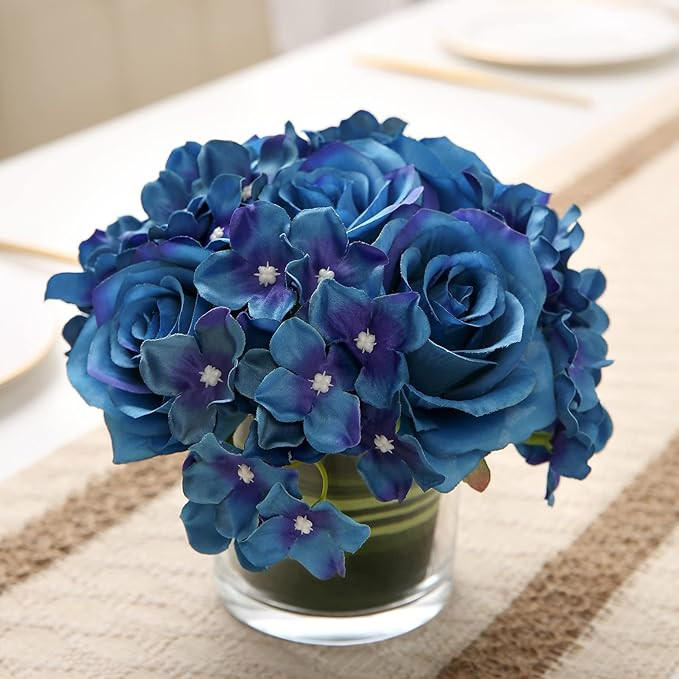 GreenHouzz Artificial Rose and Hydrangea Silk Flower Centerpieces Faux Floral Arrangement in Glas... | Amazon (US)