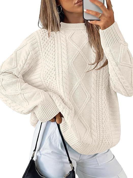 ANRABESS Women's Oversized Cable Knit Fall Pullover Sweaters     Long Sleeve Crewneck Casual Chun... | Amazon (US)