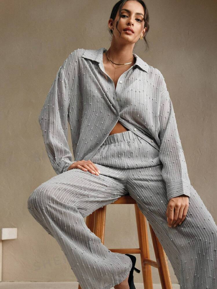 Anewsta 2pcs Women's Solid Color Front Button Blouse And Elastic Waist Pants Casual Suit | SHEIN