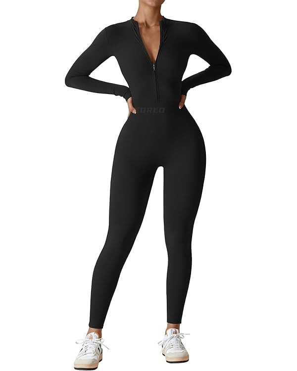 YEOREO Women Long Sleeve Workout Jumpsuit Zip Up Romper Bottom Pants Bodysuit Bodycon Sexy One Pi... | Amazon (US)