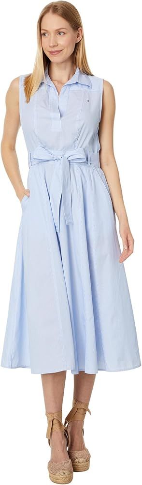 Tommy Hilfiger Women's Open Placket Midi Length Cotton Dress, Cornflower Blue/White | Amazon (US)