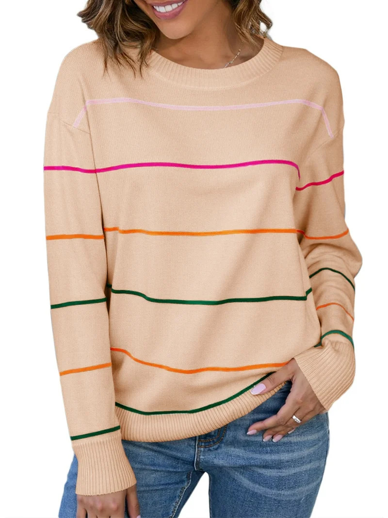 DOKOTOO Women's Colorful Stripes Sweater Crew Neck Long Sleeve Pink Sweaters - Walmart.com | Walmart (US)