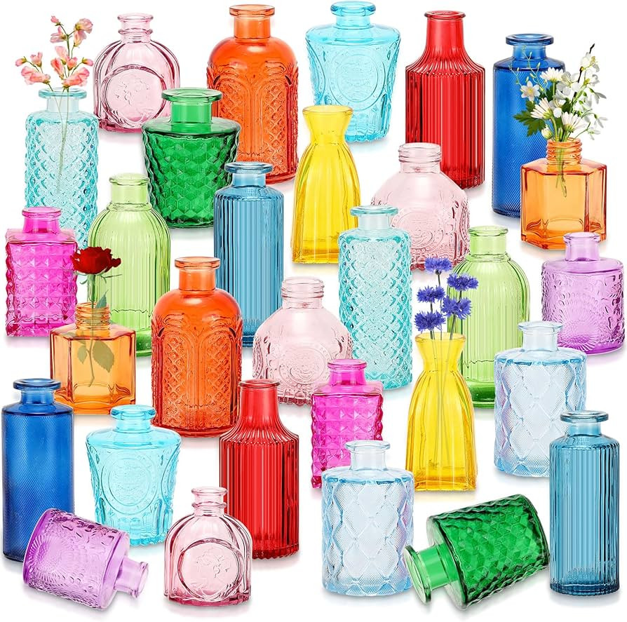 Yaomiao 30 Pcs Vases Bulk Colored Flower Glass Vases Bud Vintage Colored Glass Bottles Colorful R... | Amazon (US)