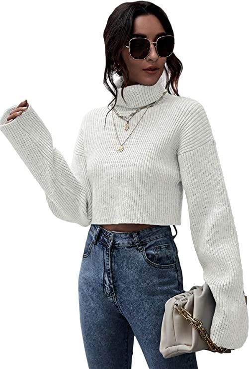 Floerns Women's Turtle Neck Long Sleeve Knitted Pullover Sweater Crop Tops White S at Amazon Wome... | Amazon (US)