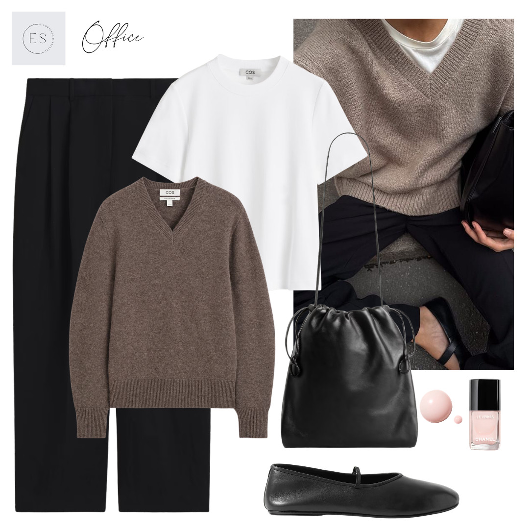 Smart casual Autumn office outfit. 

Black relaxed tailored trousers, white t-shirt, black leather drawstring cross body bag, light brown sculpted v neck cashmere jumper, black leather elastic mary jane ballet flats, pale pink nail polish. 

 #LTKuk #LTKautumn #LTKworkwear