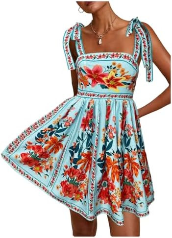 OYOANGLE Women's Floral Sleeveless Boho Beach Dress Tie Shoulder Summer Short Dress Flowy A Line ... | Amazon (US)