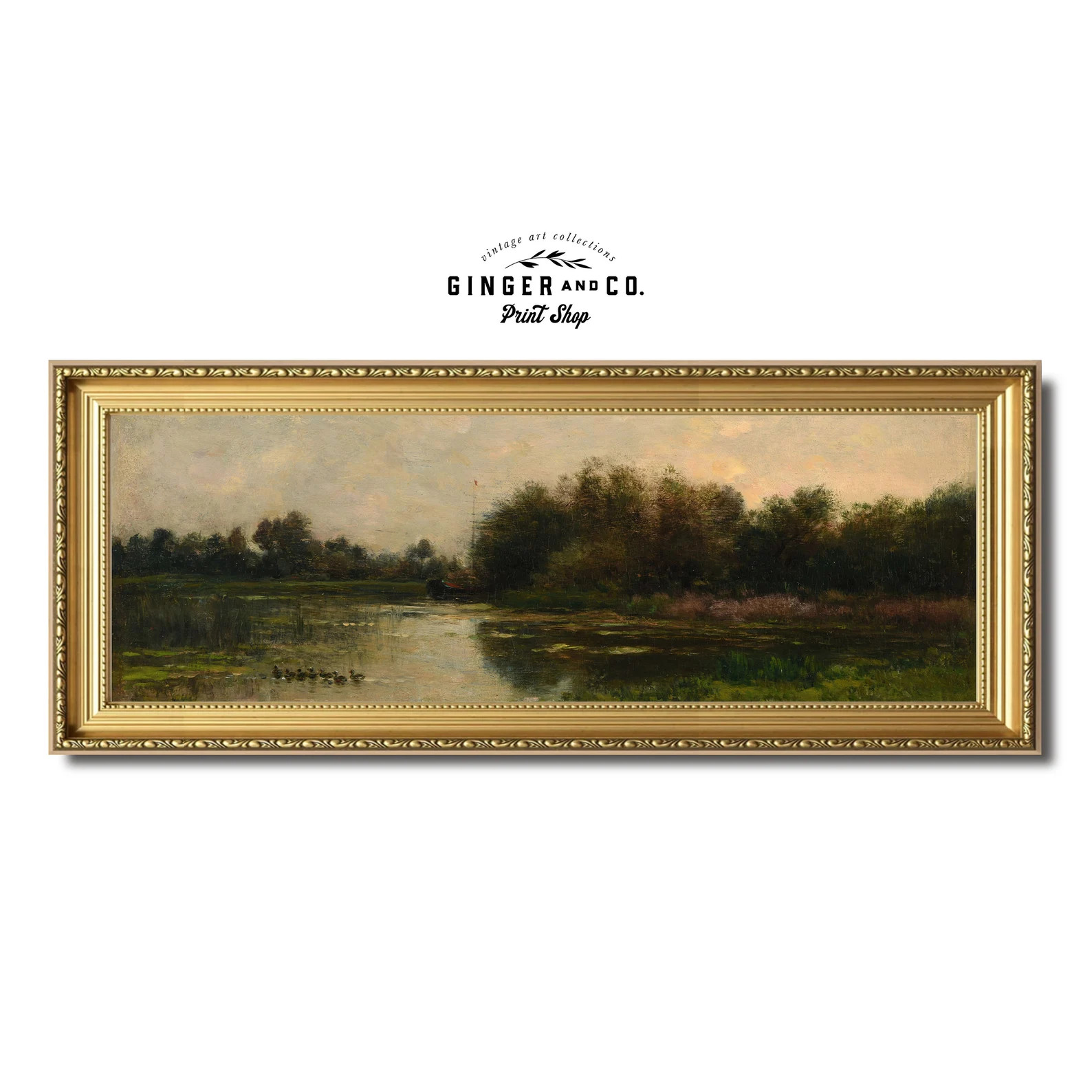 Moody Panoramic Landscape Print Vintage Oil Painting, Pond With Marshes, French Country Cottage, ... | Etsy (US)