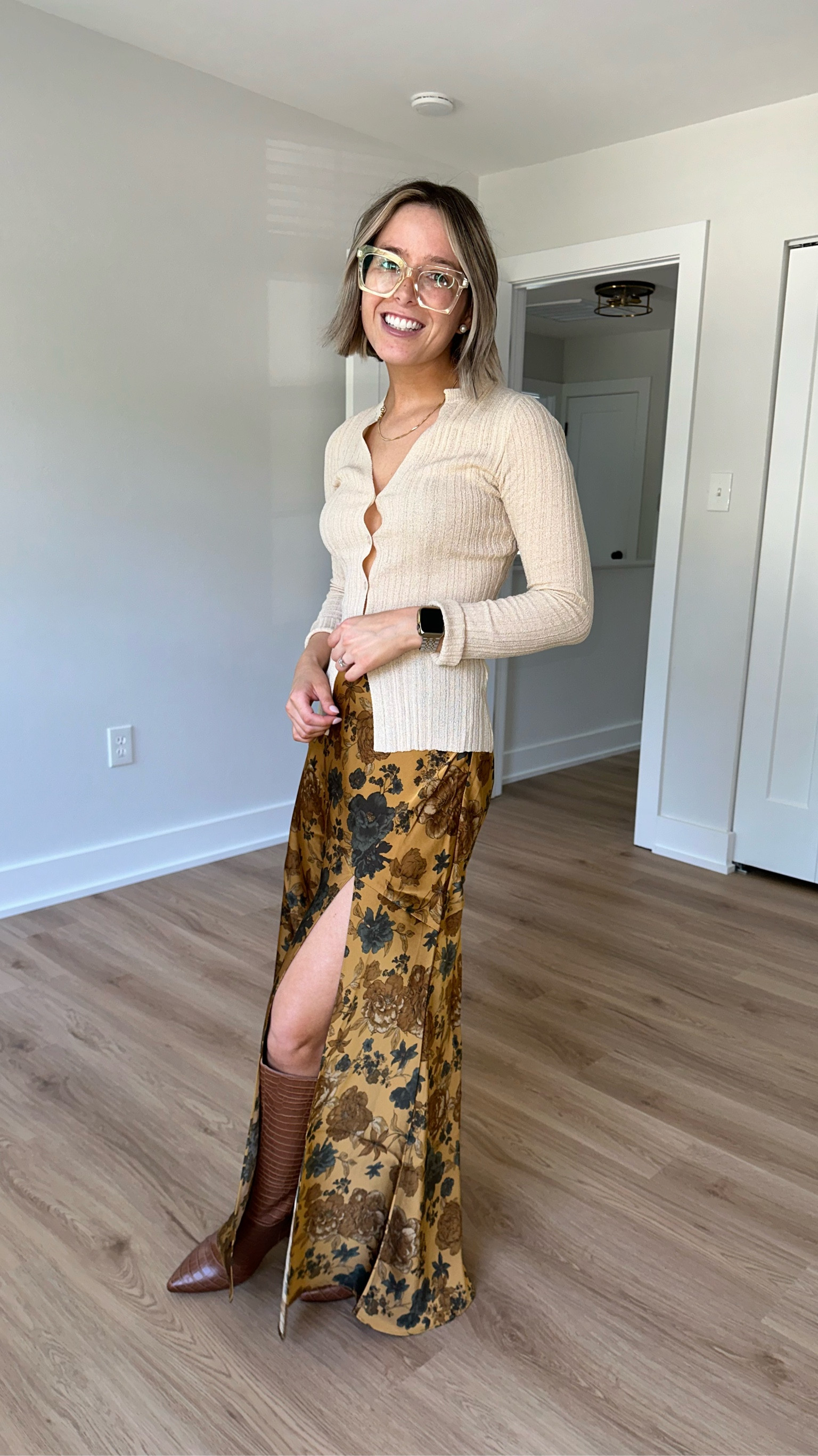 Vici Garden Party floral side skit maxi skirt in gold - size small tts but would prefer an xs if it was an option to be tighter on the waist and sit up higher since I’m 5’3”

Vici Carson V-neck cardigan in khaki - size small tts. I love the cut in the front for styling without having to tuck it in for a more elevated look. Fabric may be itchy if you have sensitive skin 

LifeStride Womens Stratford Faux Leather Wide Calf Knee-High Boots tts - got mine from Kohl’s a while back but found a few sizes in stock at Walmart 

#LTKFindsUnder100 #LTKStyleTip #LTKxVICI