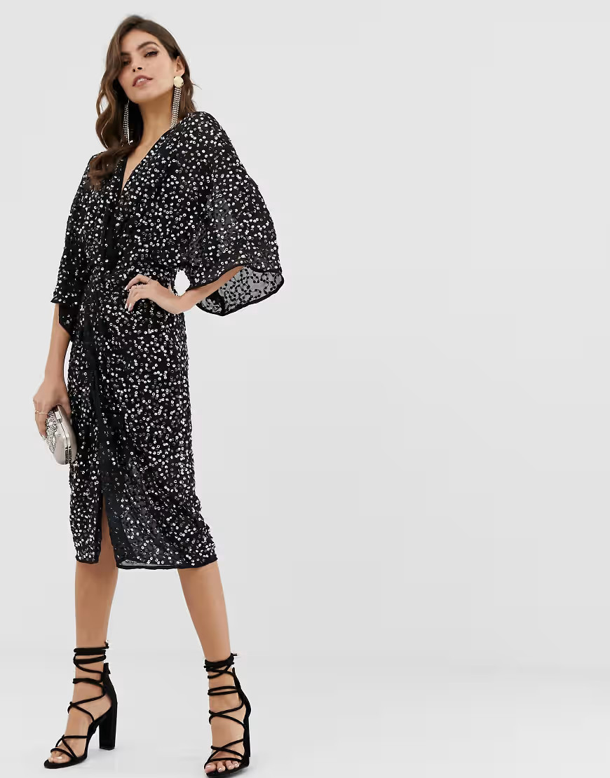 ASOS DESIGN scatter sequin knot front kimono midi dress-Pink | ASOS (Global)