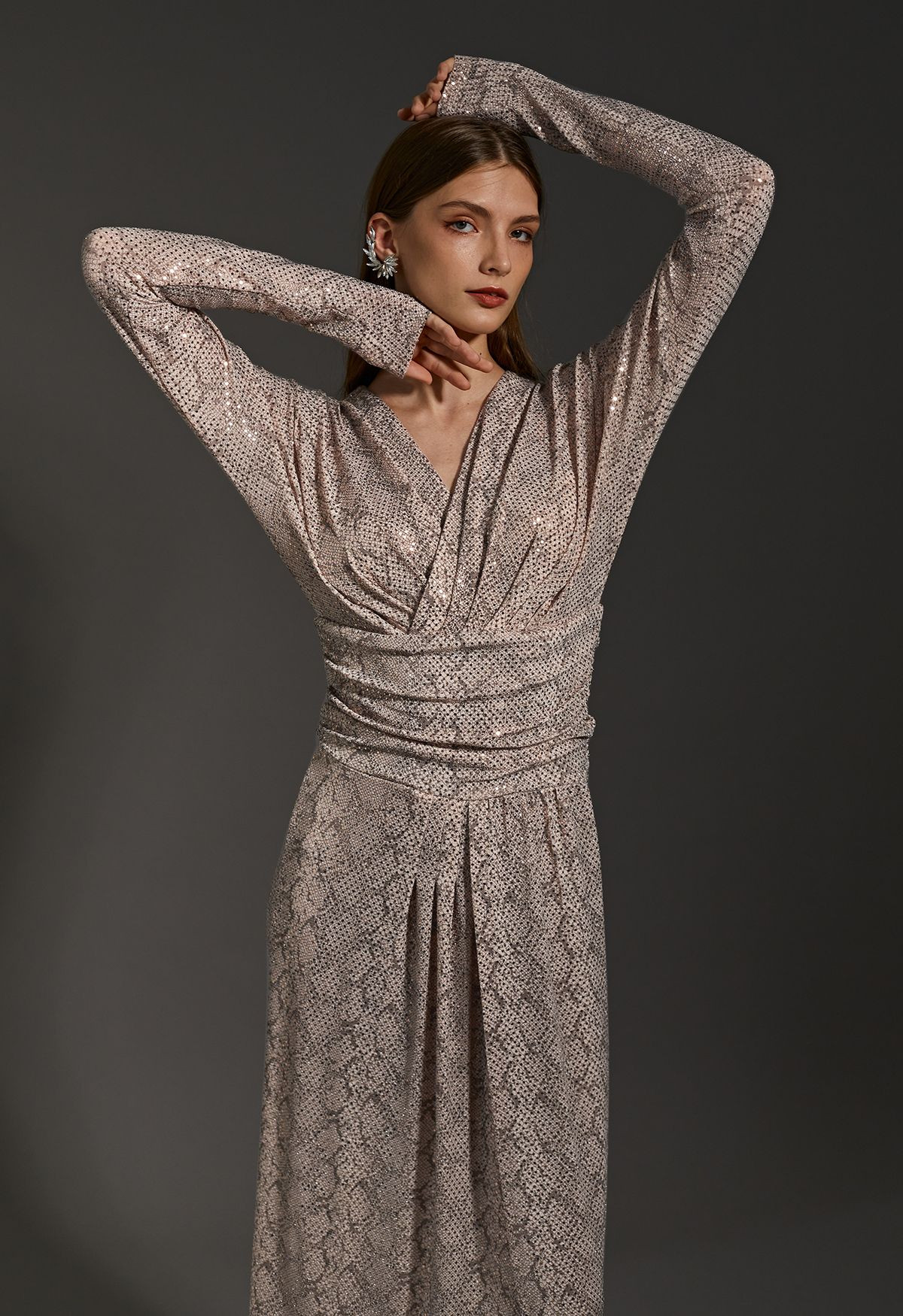 Sequined Snake Print Wrapped Slit Dress in Champagne | Chicwish