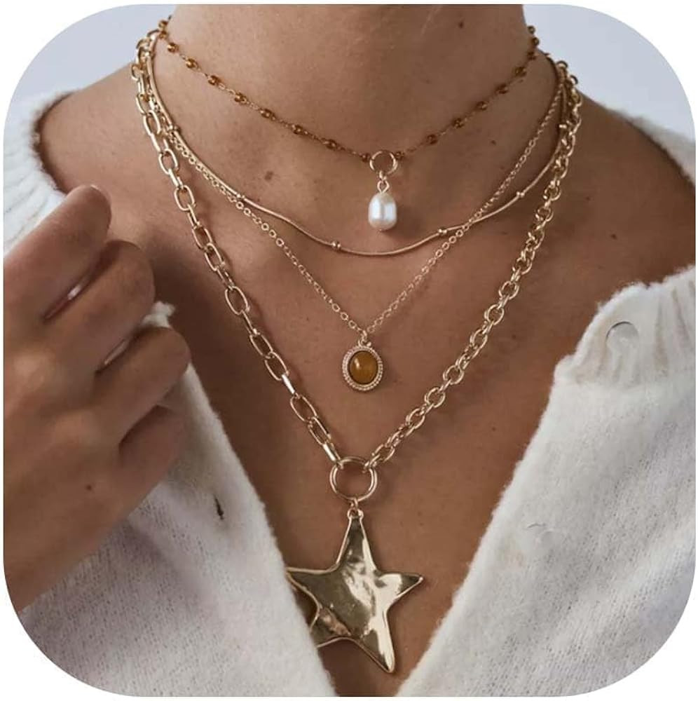 YANCHUN Gold Necklace Stack Stackable Necklaces for Women Chunky Star Necklace Big Silver Star Ne... | Amazon (US)