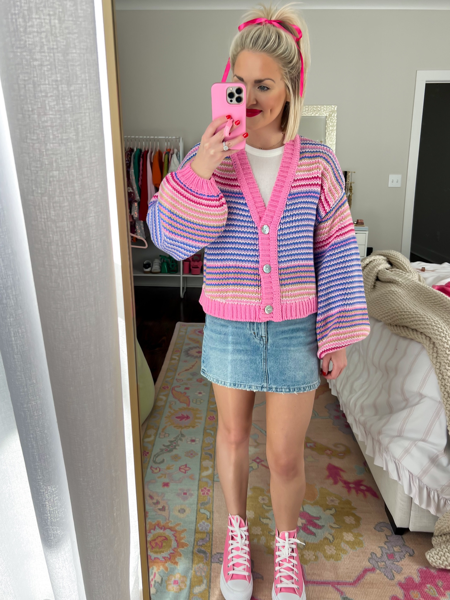 Pink cardigan / pink stripe cardigan (XS) / mini skirt outfit / pink platform converse / spring outfit / spring fashion 

#LTKstyletip #LTKSeasonal